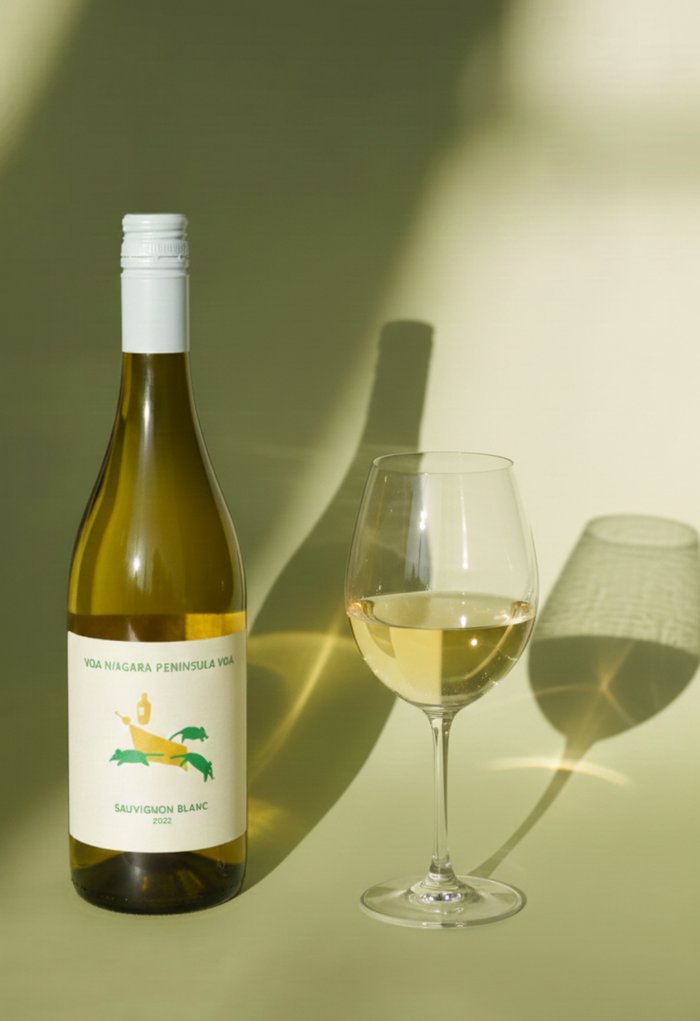 White wine bottle with a label and two glasses on a green background
