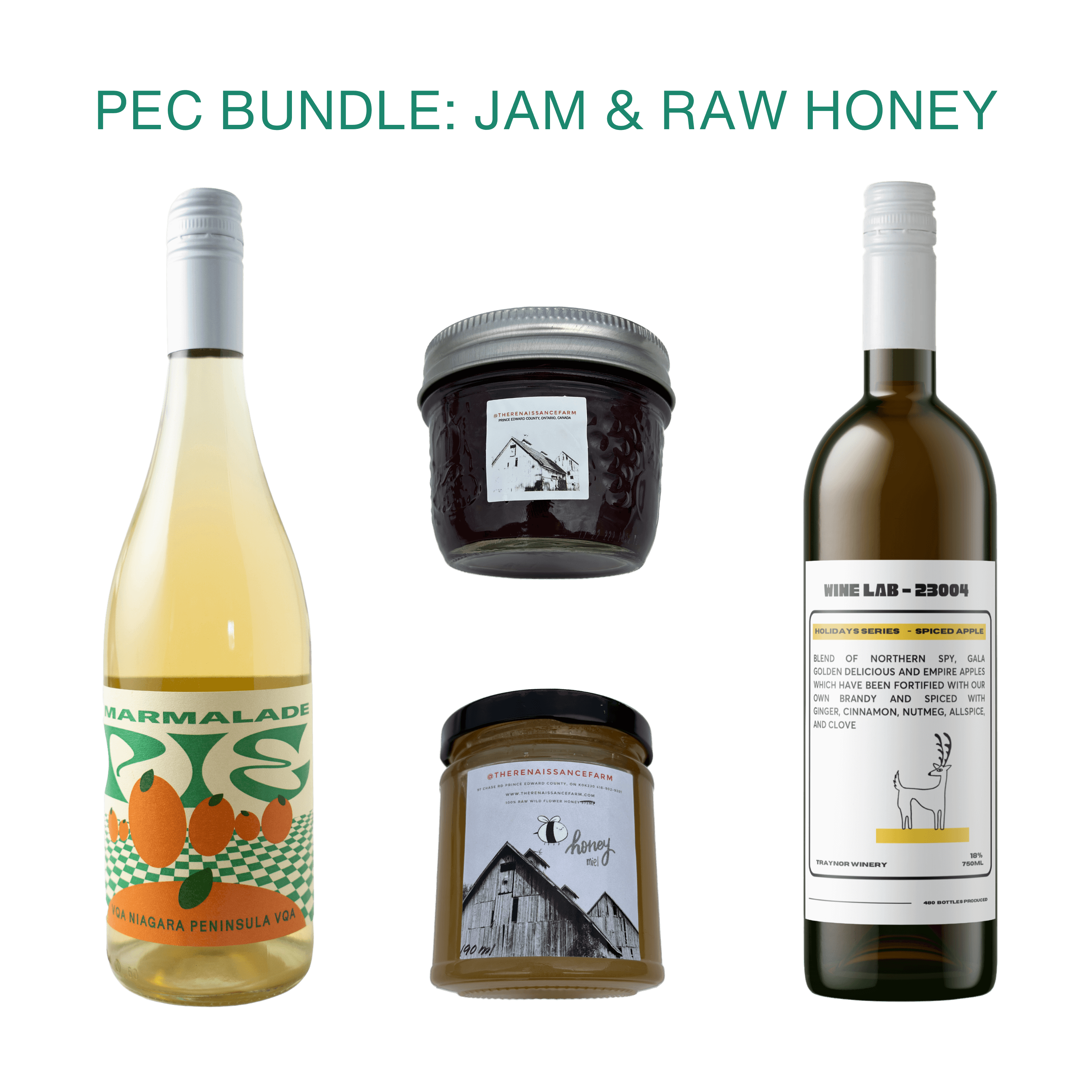 Bundle pack of red white pet-nat sparkling natural wines from Traynor Family Vineyard a winery in Prince Edward County, Ontario Renaissance farm Honey Jams