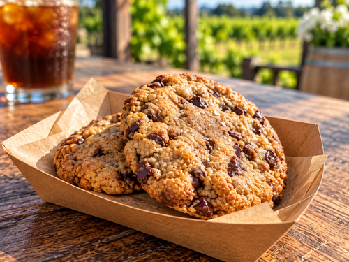 Homemade chocolate chip cookies at Traynor Family Vineyard - house-baked cookies with dark chocolate chunks and flaky salt, served in a takeaway tray on the vineyard patio in Hillier, Prince Edward County