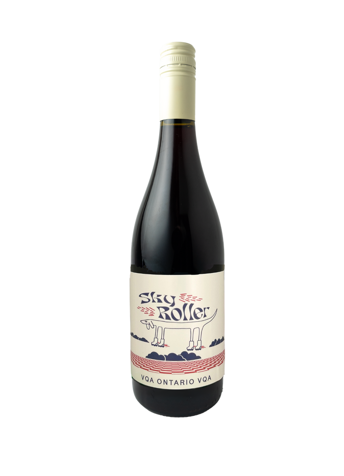 Wine bottle with a label featuring a dog illustration on a white background