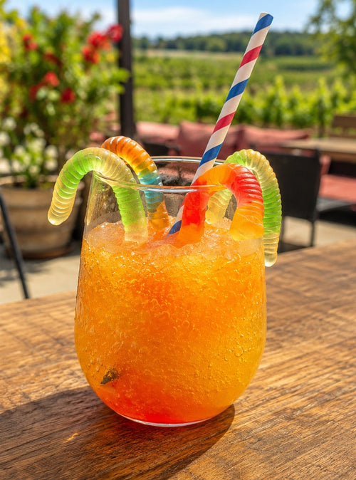 Kids Slushy Deluxe at Traynor Family Vineyard — kid-sized fruit juice slushie in a clear cup.