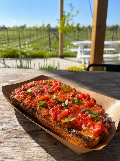 Pan Tumaca at Traynor Family Vineyard - charred sourdough topped with smashed tomato, garlic oil, flaky salt, and torn basil, served in a kraft tray with the Hillier vineyard behind