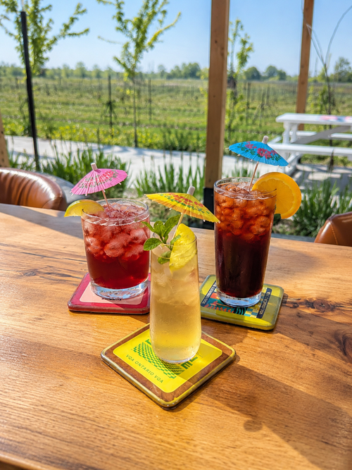 Vermouth Kalimotxo at Traynor Family Vineyard - pictured right, alongside a Tinto de Verano and Lemon Vermouth Spritz on the patio with the Hillier vineyard behind