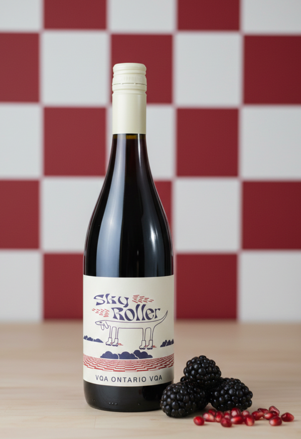 Bottle of wine with a label on a checkered red and white background