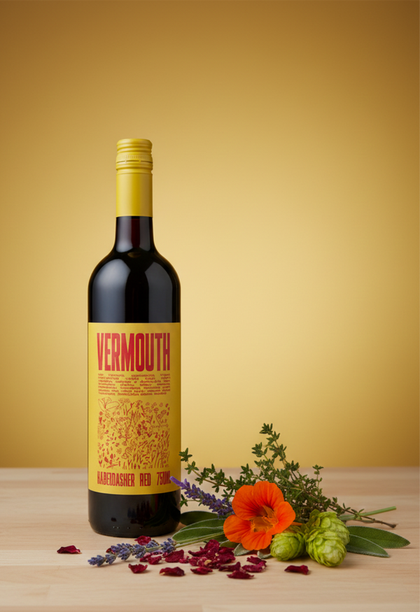Bottle of vermouth with a yellow label on a wooden surface with flowers and herbs.