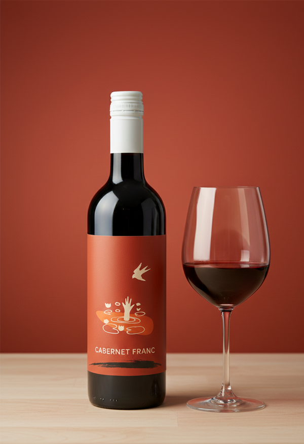 Bottle of Cabernet Franc wine with a glass on a wooden surface against a red background