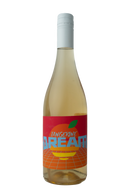 "A bottle of Tangerine Dream wine with a pale yellow hue. The label features bold blue text 'Tangerine Dream' over an orange illustration with a green leaf, set against a red background with a geometric grid design in orange and yellow."