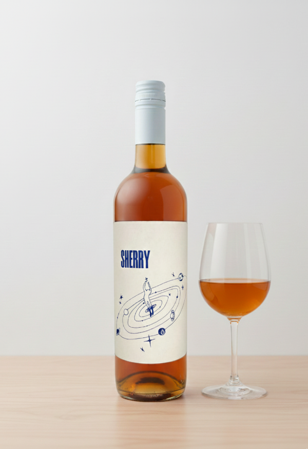 Bottle of sherry with a glass of sherry on a wooden surface