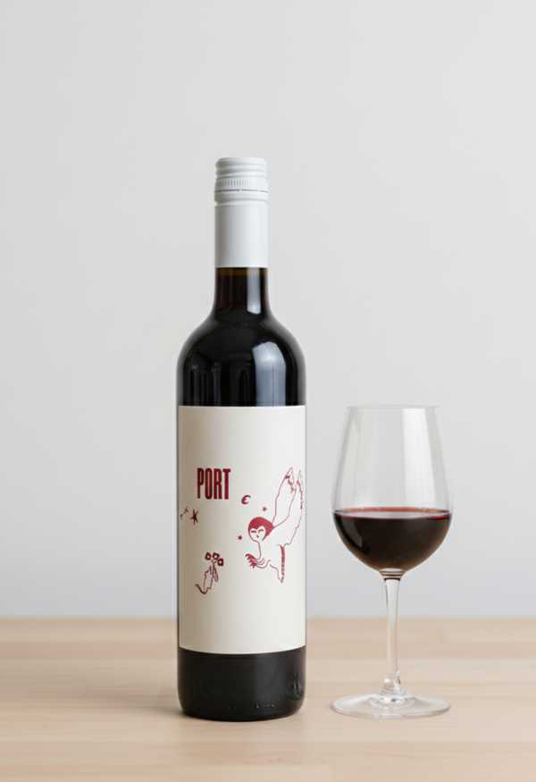 Wine bottle labeled 'Port' with a glass of wine on a wooden surface