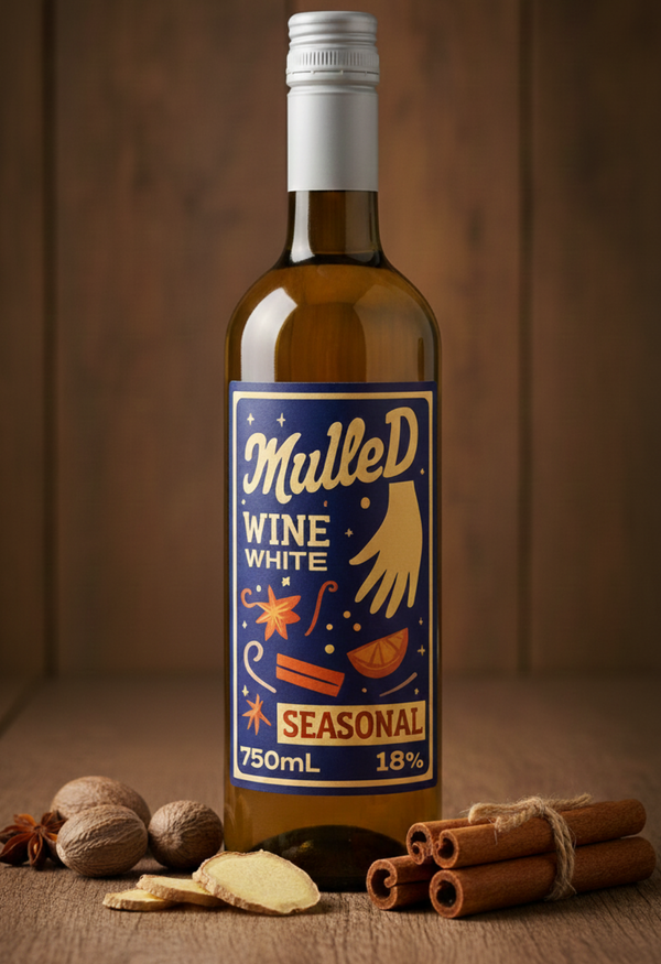 Bottle of Mulled Wine White with a decorative label on a wooden surface with spices.