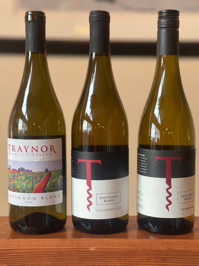 Sauvignon Blanc Vertical (2014-2015-2017): Image of a three-bottle vertical set of Sauvignon Blanc from Traynor Family Vineyard.