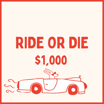 Slogan 'Ride or Die $1,000' with a car illustration on a white background