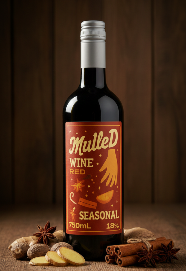 Bottle of Mulled Wine Red with spices on a wooden surface