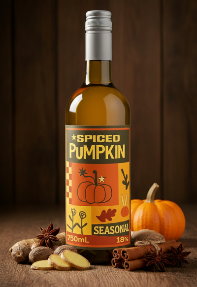 Spiced Pumpkin wine bottle with label on a wooden surface with pumpkins and spices.