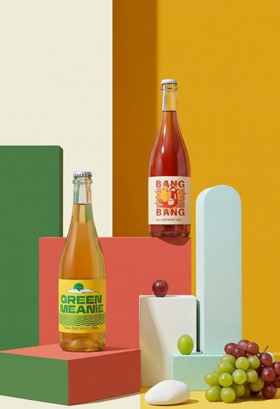 Three bottles of different brands on a colorful geometric background with fruits.