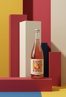 Bottle of 'Bang Bang' wine on a geometric multicolored background