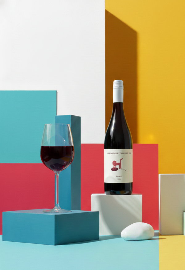 Wine bottle and glass on a colorful geometric background