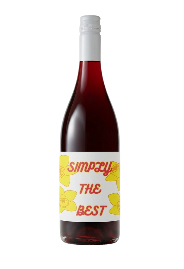 Wine bottle with a label reading 'Simply The Best' on a white background