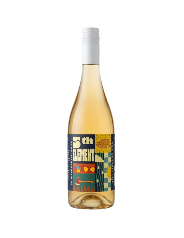 Bottle of 5th Element white wine on a white background