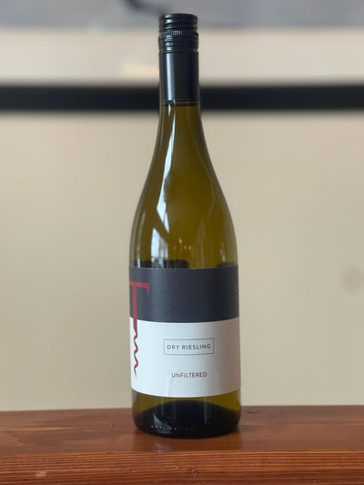 Dry Riesling: Bottle shot of Dry Riesling, a rare and sought-after varietal from Traynor Family Vineyard.