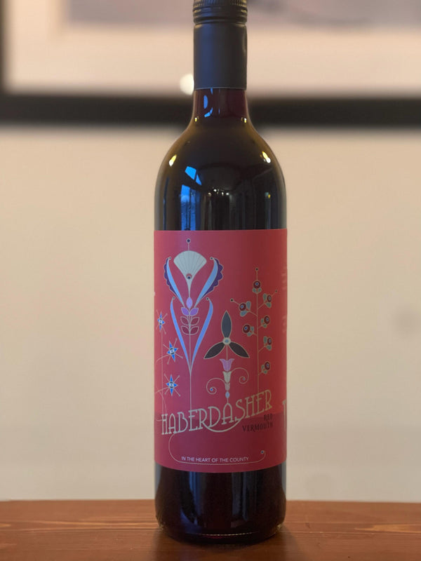 First Edition Haberdasher 2018: Bottle shot of the first edition of Haberdasher Vermouth, 2018 vintage. A specialty product from Traynor Family Vineyard.