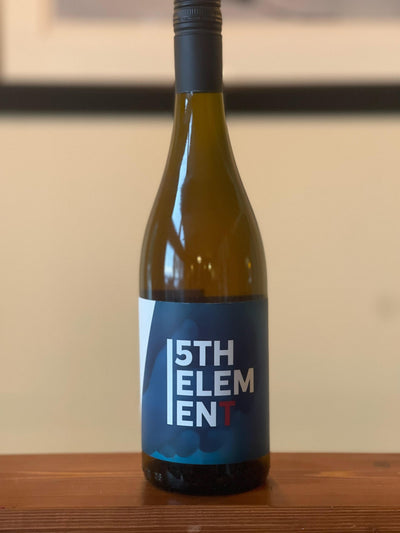 5th Element 2016: Bottle shot of 2016 5th Element, a whole cluster fermented Chardonnay and Sauvignon Blanc blend from Traynor Family Vineyard.