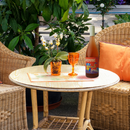 A cozy outdoor patio setting featuring a bottle of "Awesome Opossum" wine on a wooden table. The table is decorated with an orange glass, a potted plant with white flowers, and a table mat. Surrounding the table are wicker chairs with orange cushions, lush green plants in the background, and natural light creating a warm and inviting atmosphere.