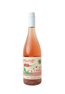 "A bottle of rosé wine labeled 'Breakfast in the Vineyard.' The label features playful illustrations of a red teapot pouring wine into small cups, with green vines extending from the teapot spout. The design includes red and green checkered patterns and bold text, with 'VQA Ontario VQA' displayed at the bottom."