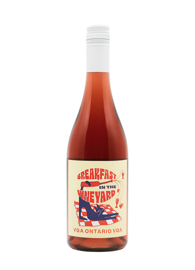 Bottle of 'Breakfast in the Vineyard' VQA Ontario wine on a white background