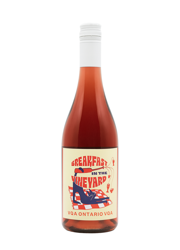 Bottle of 'Breakfast in the Vineyard' VQA Ontario wine on a white background