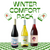 "Winter Comfort Pack featuring three wine bottles displayed on a green-and-white checkered surface. The pack includes a light red, a crisp white, and a smooth Merlot. The text 'Winter Comfort Pack' is written in bold green, accented with mitten graphics for a cozy, winter-themed design."