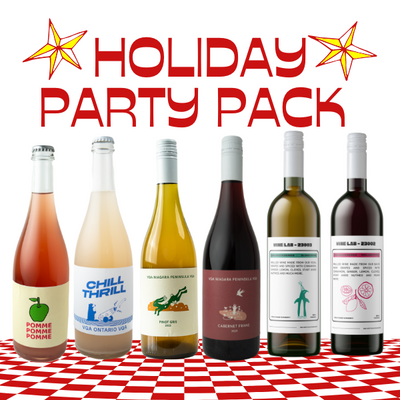 "Holiday Party Pack featuring six bottles of wine arranged in a row on a red-and-white checkered surface. Each bottle has a unique label design, including vibrant reds, whites, and a festive mulled wine. The bold red text 'Holiday Party Pack' is displayed at the top, accented with yellow star graphics for a cheerful holiday vibe."