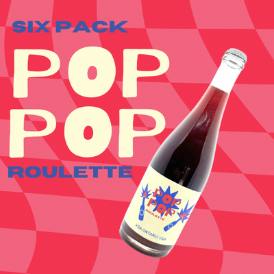 A playful 6-pack of Gamay and Vidal blend sparkling wine, offering a super dry taste with notes of raspberry, pomegranate, and blood orange. Perfect for adventurous palates, with a caution to chill before opening to avoid surprises
