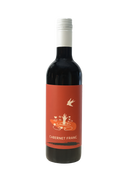 Wine bottle with a red label featuring a bird and tree design on a white background