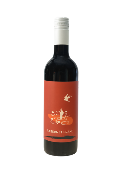 Wine bottle with a red label featuring a bird and tree design on a white background