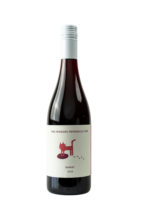 Wine bottle with a label featuring a cat illustration on a white background