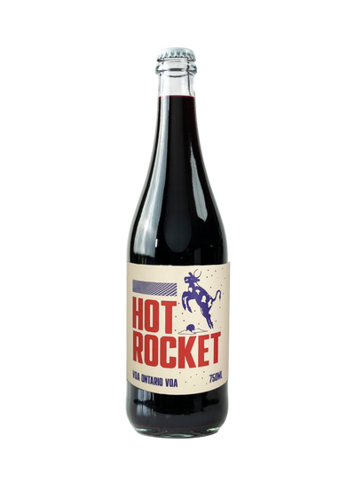 Bottle of 'Hot Rocket' wine with a label on a white background