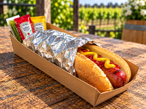 Pocket Dog at Traynor Family Vineyard - a plain all-beef hot dog half wrapped in foil with ketchup, mustard and relish packets on the side, ready to take away, on the vineyard patio in Hillier, Prince Edward County