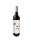 Red wine bottle with a white label on a white background