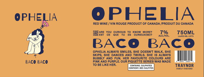 "Wine label featuring the name 'Ophelia Baco Baco' in stylized text. The words 'Red Wine / Vin Rouge' appear prominently, alongside 'Product of Canada / Produit du Canada.' The label includes a whimsical description of Ophelia, a playful and bubbly character who dances and twirls, with pink and purple as her favorite colors.