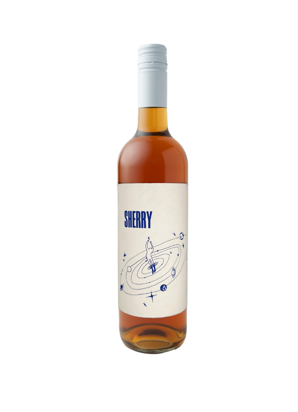 Bottle of sherry with a decorative label on a white background