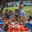 A lively outdoor picnic scene with friends gathered on a red and orange checkered blanket under string lights. The group is laughing and enjoying wine, with a picnic basket filled with fresh produce, bread, and snacks. A bottle of "Sky Roller" wine is prominently displayed on a wooden board surrounded by food and glasses of red wine. The background features a lush green hillside, trees, and a grill, capturing a festive and relaxed evening atmosphere.