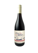 Wine bottle with a label featuring a dog illustration on a white background