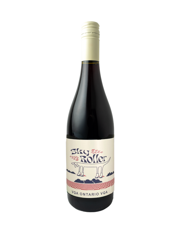 Wine bottle with a label featuring a dog illustration on a white background