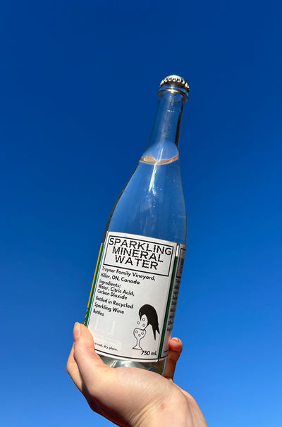 Sparking water in a bottle held up to the blue sky