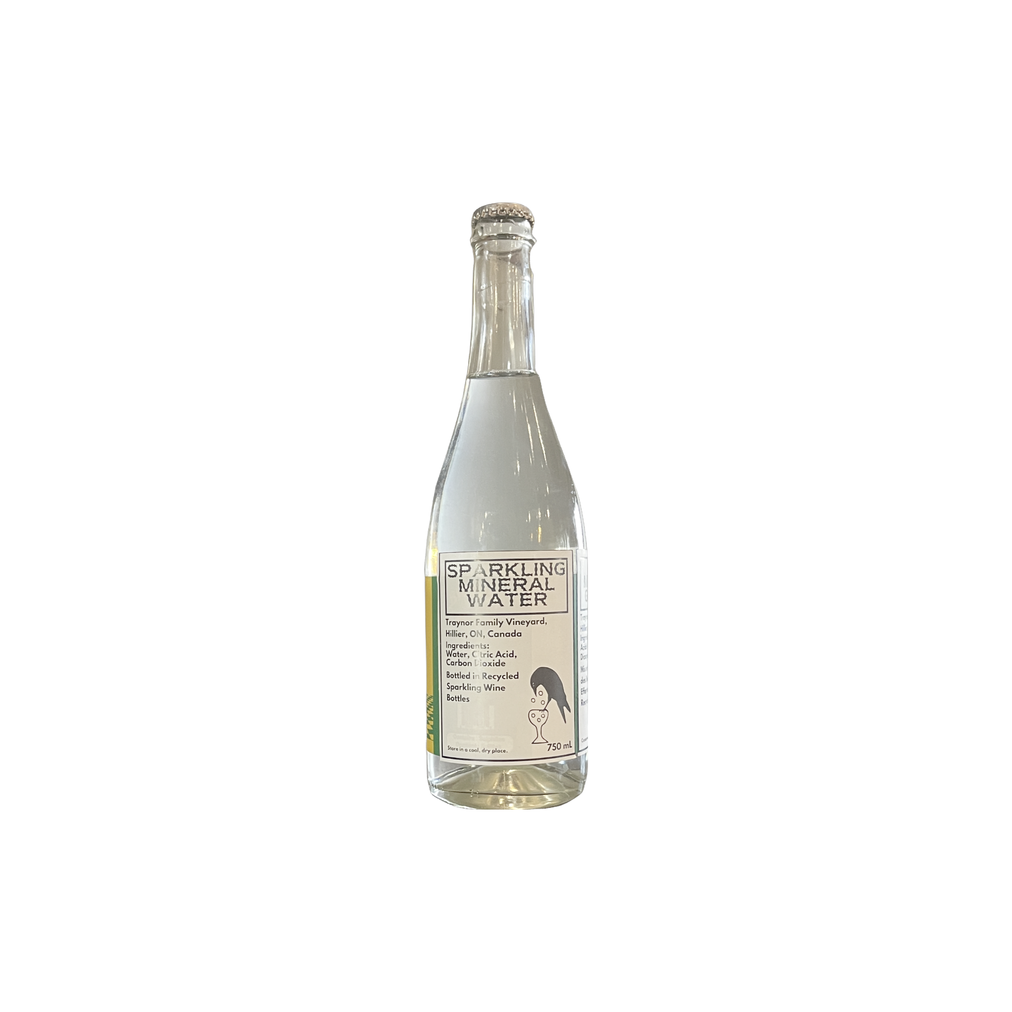 A sparkling water in a clear recycled sparkling wine bottle.