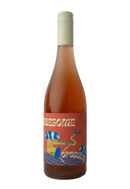 A bottle of wine labeled "Awesome Opossum." The playful label features a cartoonish opossum playing a saxophone, surrounded by musical notes, with a red and blue checkered pattern on the bottom and bold cream-colored text.