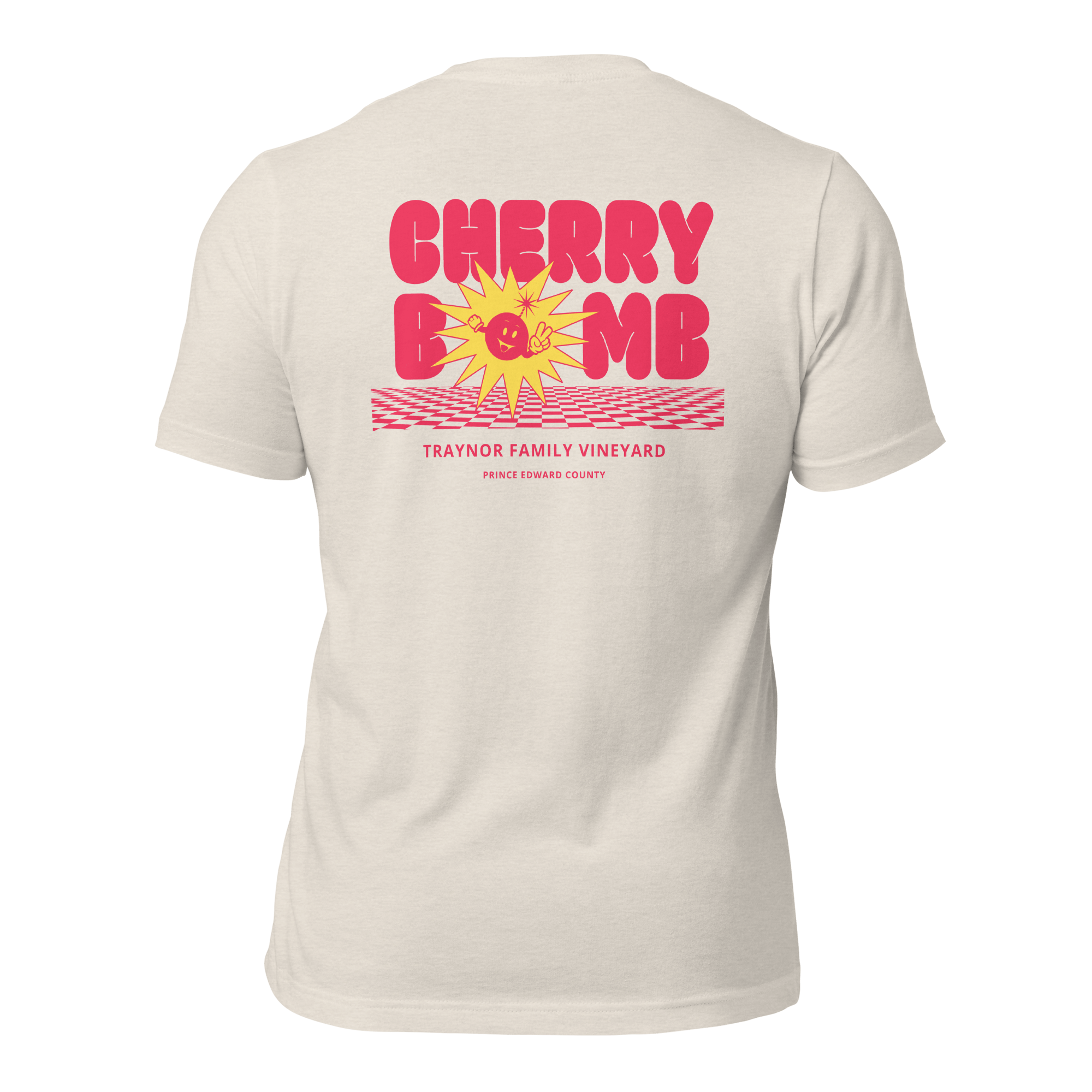 Images of new Tshirt Merch Cherry Bomb from Traynor Family Vineyard a winery in Prince Edward County, Ontario